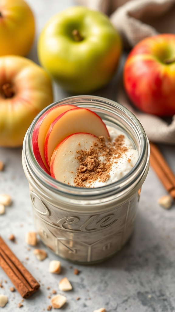 A jar of apple cinnamon overnight oats topped with apple slices and cinnamon, with green and red apples in the background.