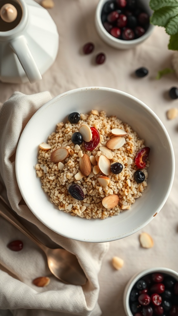 A bowl of breakfast quinoa topped with almonds and berries, with a spoon and additional berries in the background.