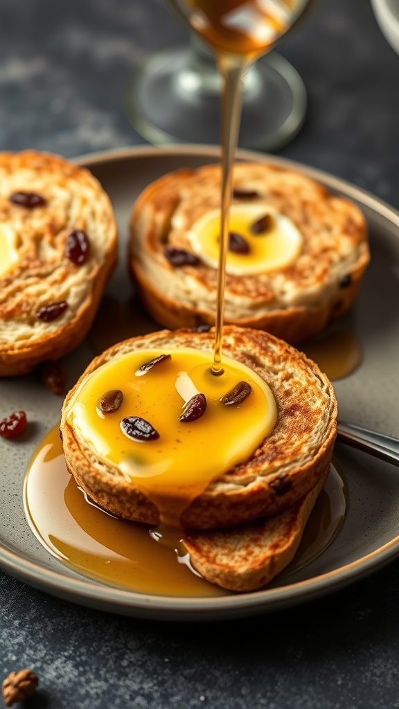 Cinnamon Raisin English Muffin French Toast with syrup drizzling over