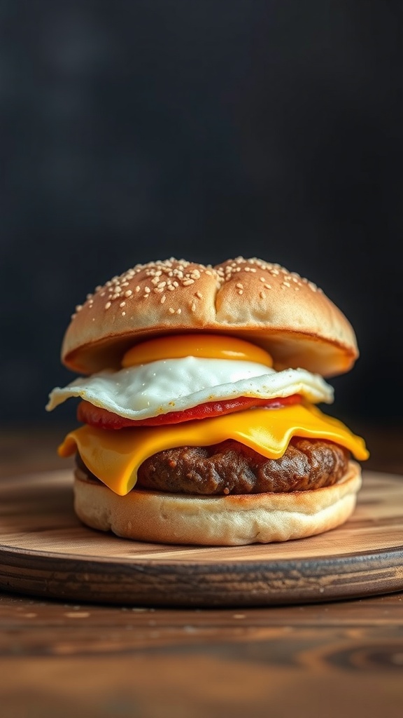 A delicious sausage and egg breakfast sandwich with melted cheese on a sesame seed bun.