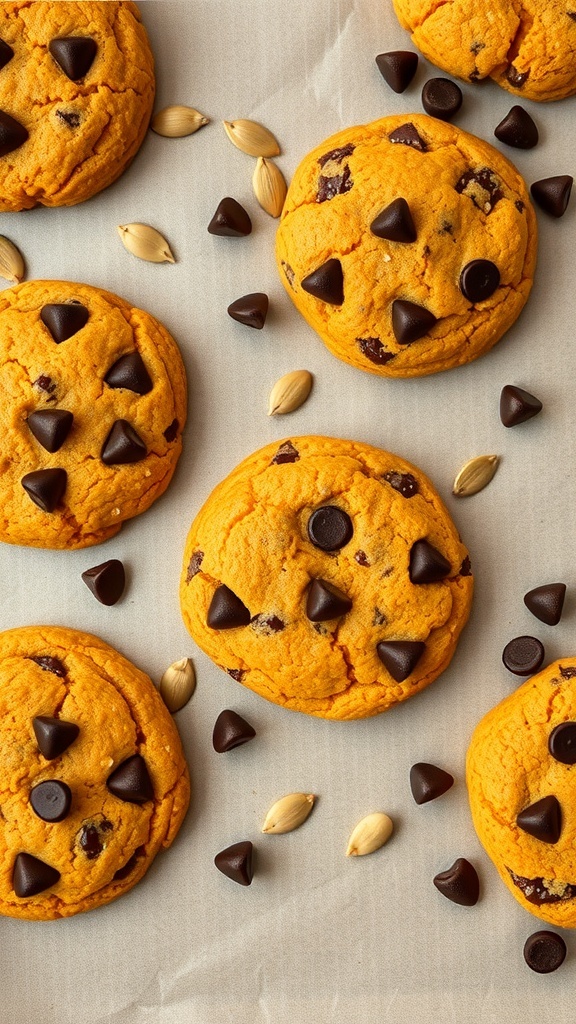 Pumpkin chocolate chip cookies with chocolate chips and pumpkin seeds on a baking sheet