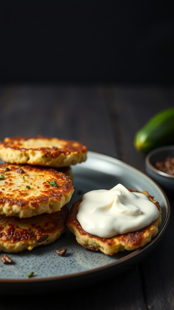 A plate of zucchini fritters with a dollop of sour cream on the side, garnished with herbs.