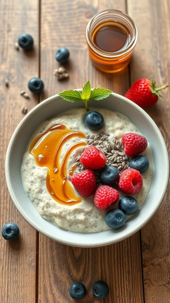 A bowl of overnight oats topped with fresh berries, honey, and chia seeds on a wooden table.