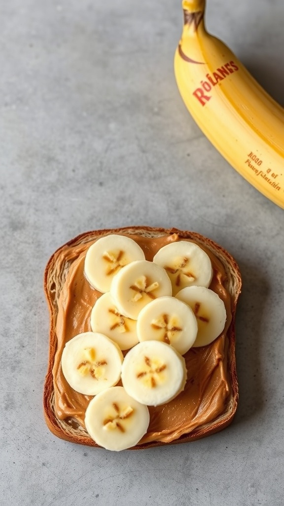 A slice of toast topped with peanut butter and banana slices, with a banana in the background.