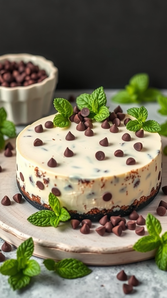 Mint Chocolate Chip No Bake Cheesecake with chocolate chips and mint leaves on top