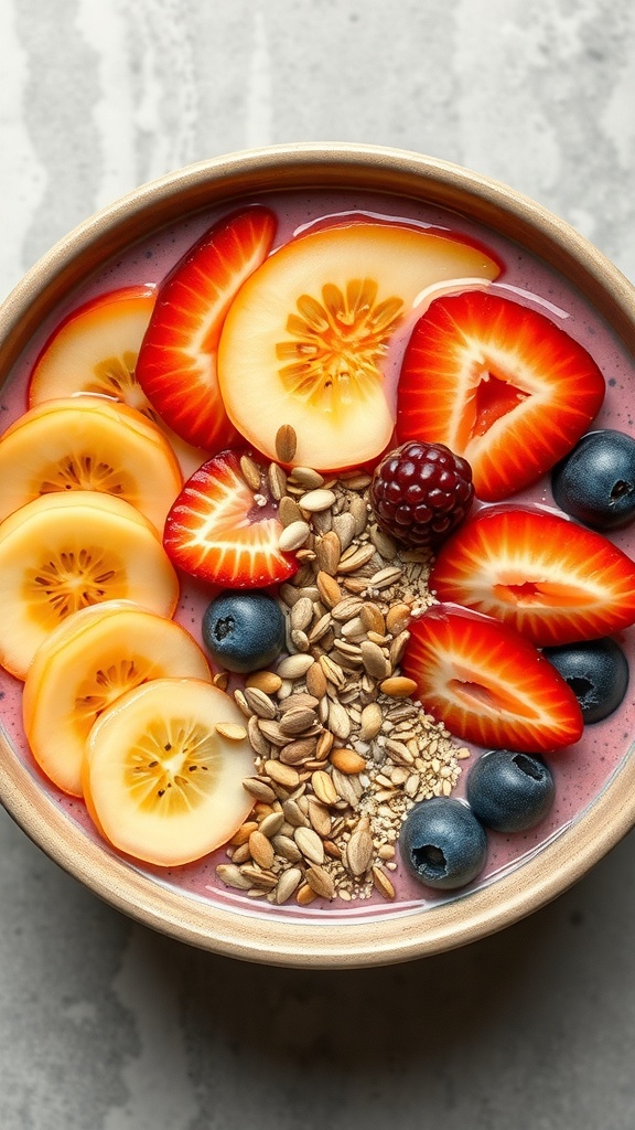 A colorful smoothie bowl topped with sliced fruits and seeds.