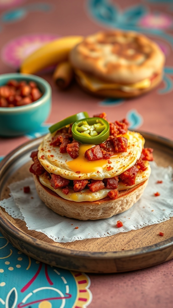 A spicy chorizo and egg muffin stacked with jalapeños on a wooden plate.