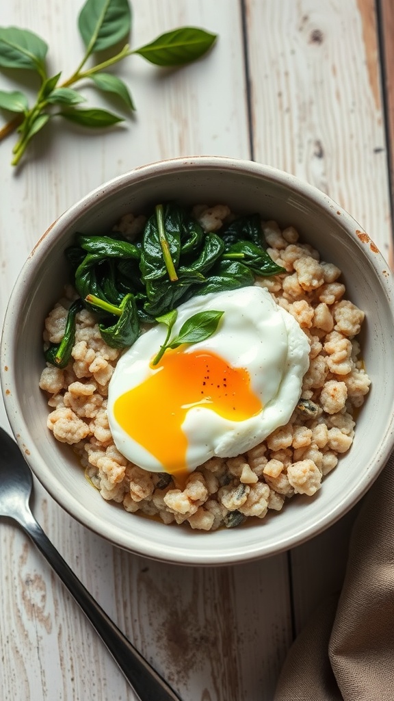 A bowl of savory oatmeal topped with spinach and a poached egg, placed on a wooden surface.