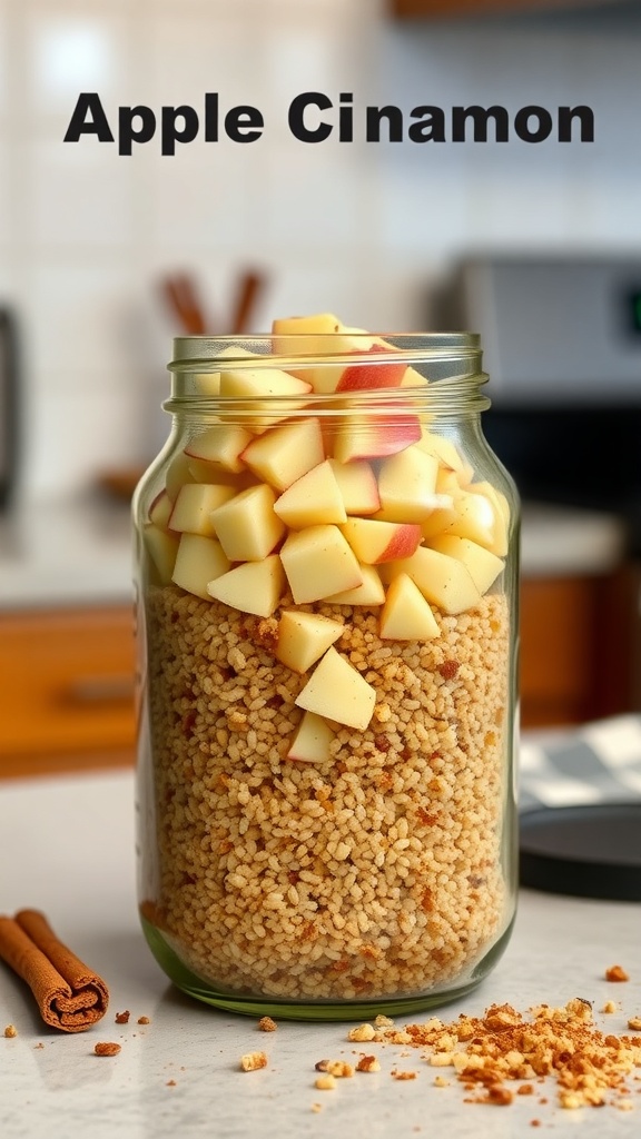 A jar filled with quinoa and diced apples, topped with cinnamon.