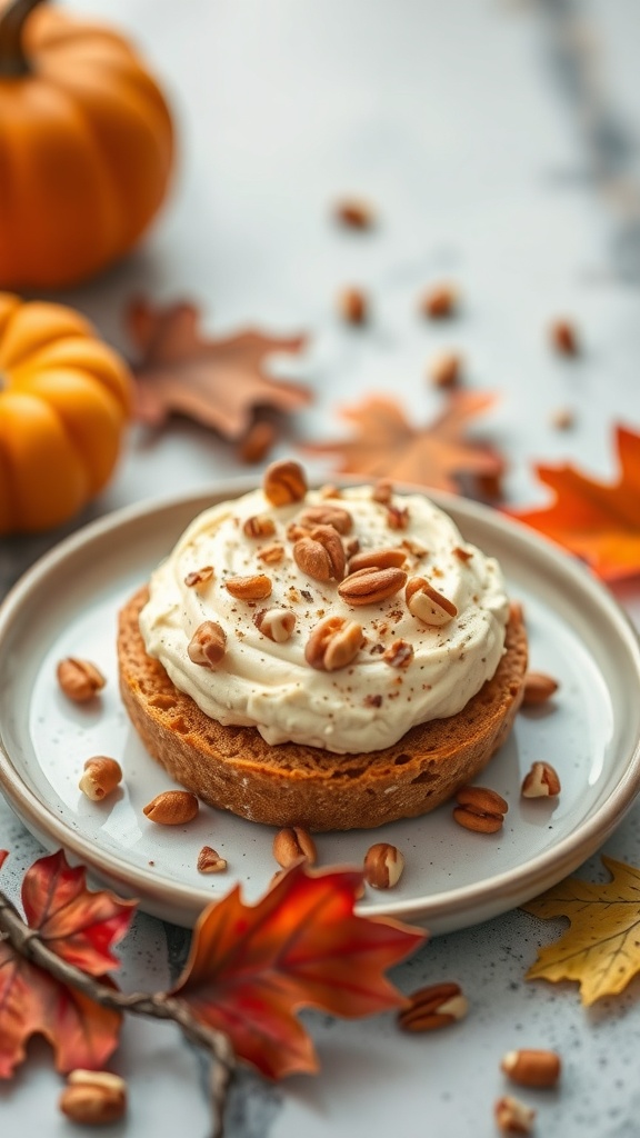 A toasted English muffin topped with cream cheese frosting, nuts, and surrounded by autumn leaves and pumpkins.