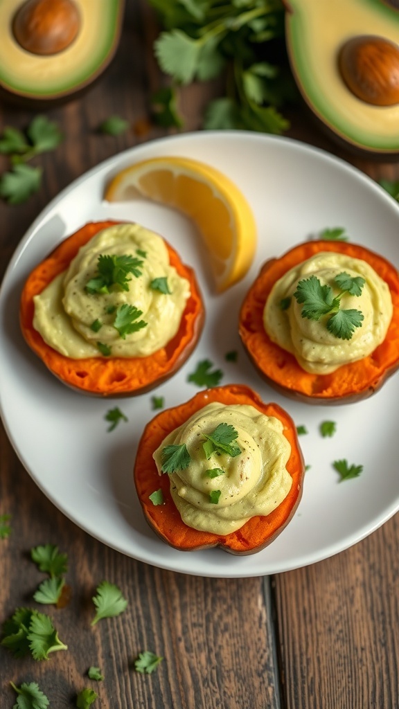Savory sweet potato bites topped with avocado and cilantro on a white plate