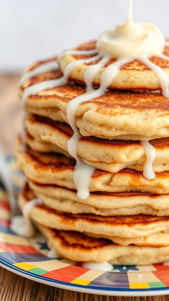 A stack of cinnamon roll pancakes drizzled with icing on a colorful plate.