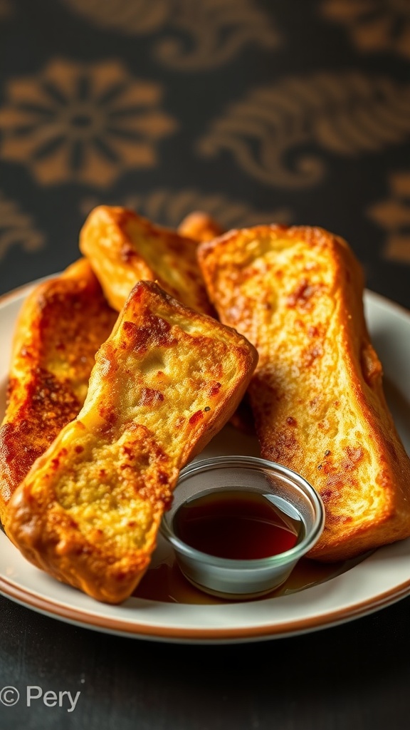A plate of golden-brown oven-baked French toast sticks served with a small bowl of syrup.