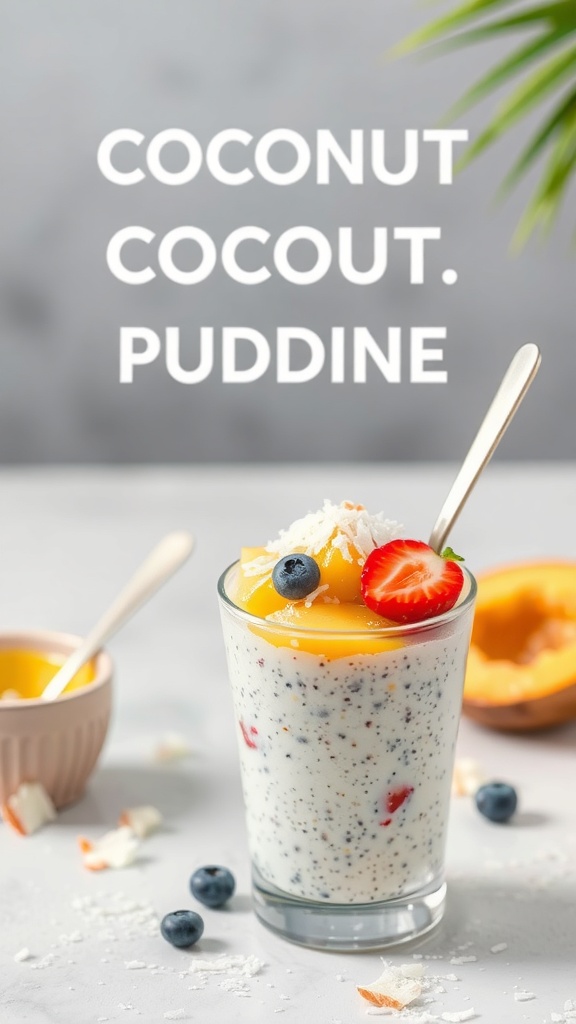 A glass of coconut chia pudding topped with mango puree, strawberries, and blueberries, with a small bowl of mango puree beside it.