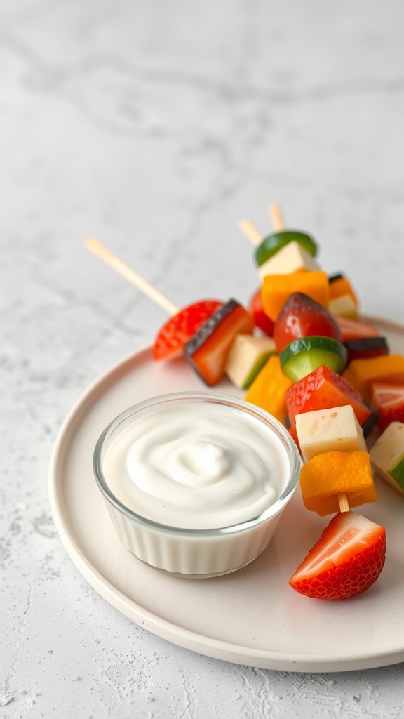 Colorful fruit skewers with a yogurt dip on a plate
