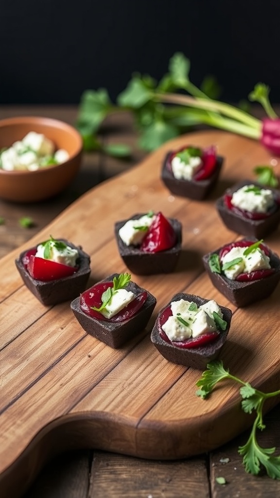 A wooden platter with roasted beet and goat cheese salad bites, garnished with fresh herbs.