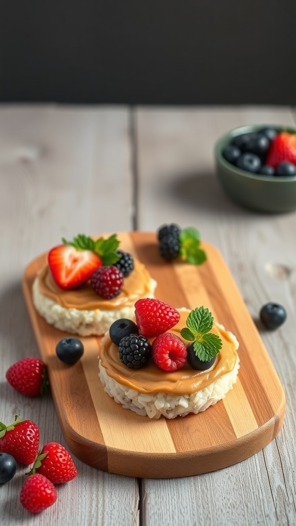 Rice cakes topped with almond butter and various berries on a wooden platter.