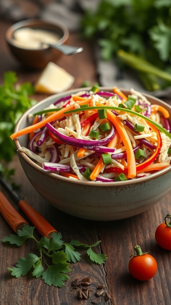A bowl of colorful coleslaw with carrots, cabbage, and a tangy dressing, garnished with green onions.
