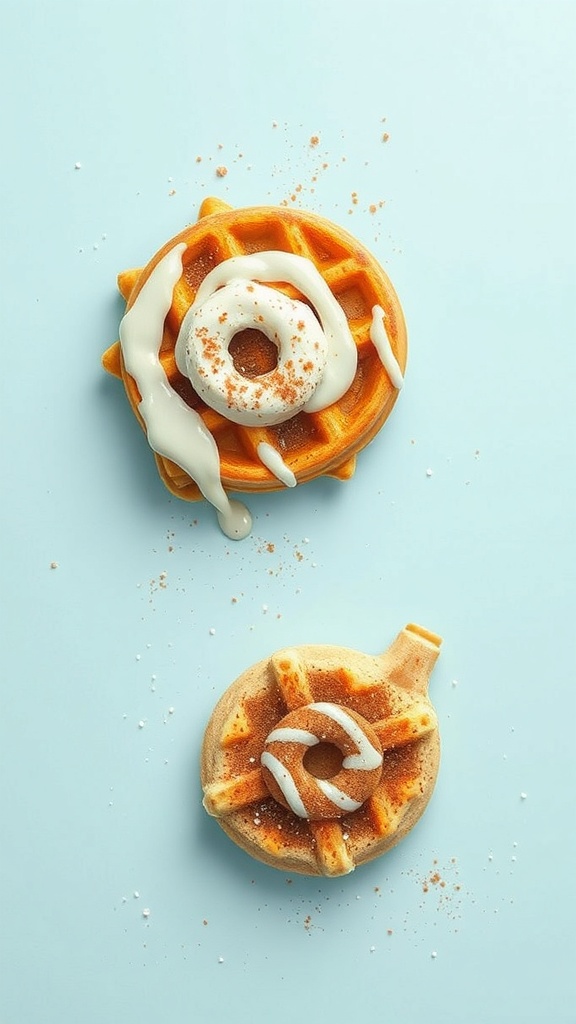 Cinnamon Roll Waffles topped with icing and a mini donut