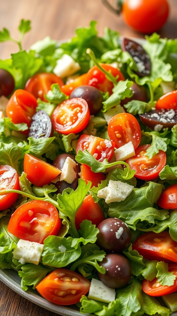 A fresh garden salad with tomatoes, olives, and cheese on a plate.