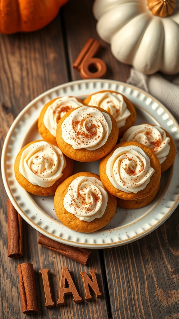 Plate of pumpkin spice cookies topped with cream cheese frosting and cinnamon, surrounded by pumpkins and cinnamon sticks.