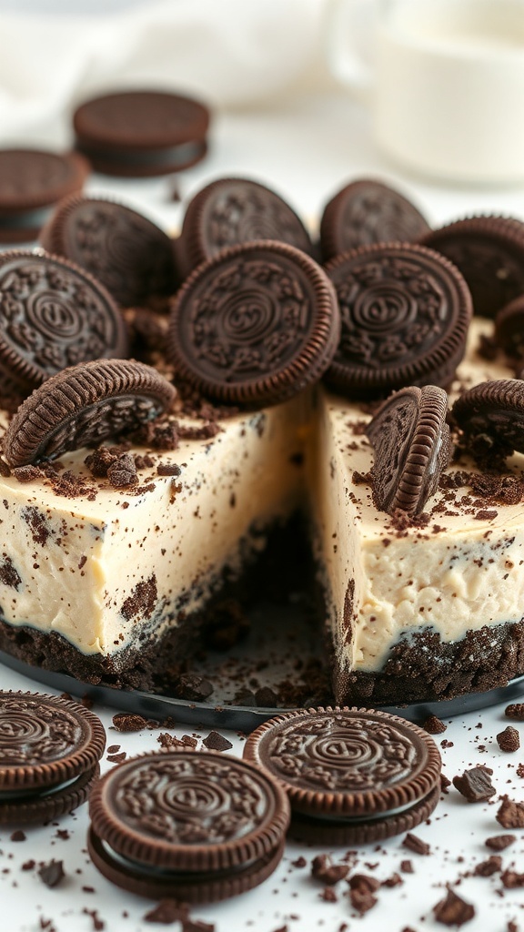 Oreo No Bake Cheesecake topped with whole Oreos and crumbled cookie pieces