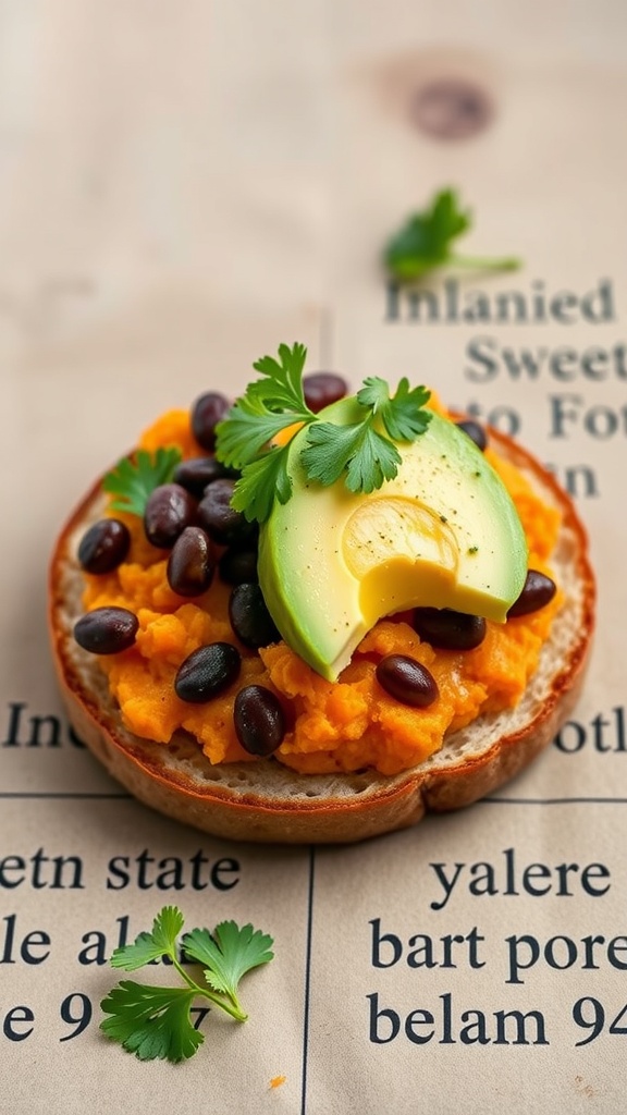 A toasted English muffin topped with mashed sweet potatoes, black beans, avocado slices, and cilantro.