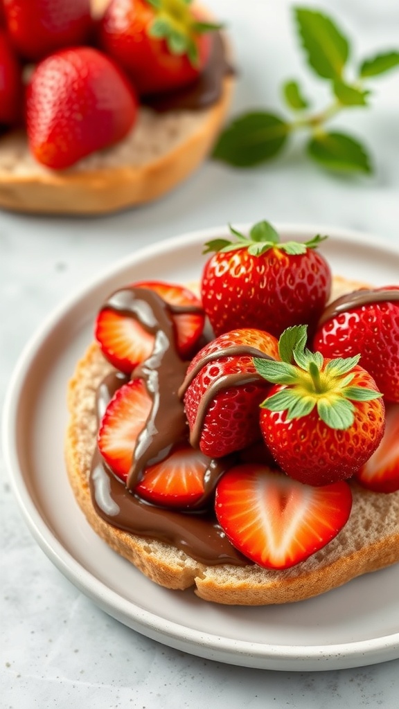 A toasted English muffin topped with chocolate hazelnut spread and fresh strawberries.