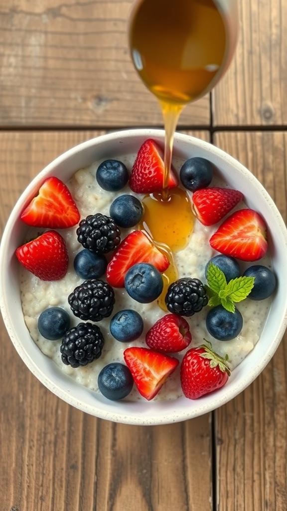 A bowl of overnight oats topped with fresh strawberries, blueberries, blackberries, and honey on a wooden table.