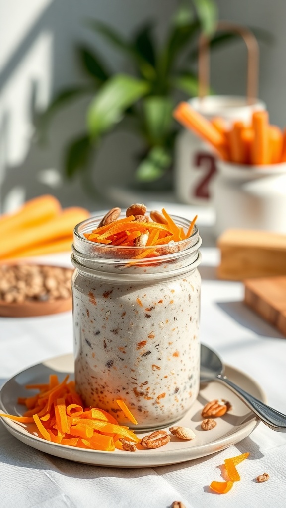 A jar of carrot cake overnight oats topped with shredded carrots and nuts, with carrot sticks in the background.
