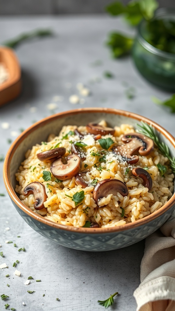 A bowl of creamy zucchini and mushroom risotto topped with herbs and mushrooms.