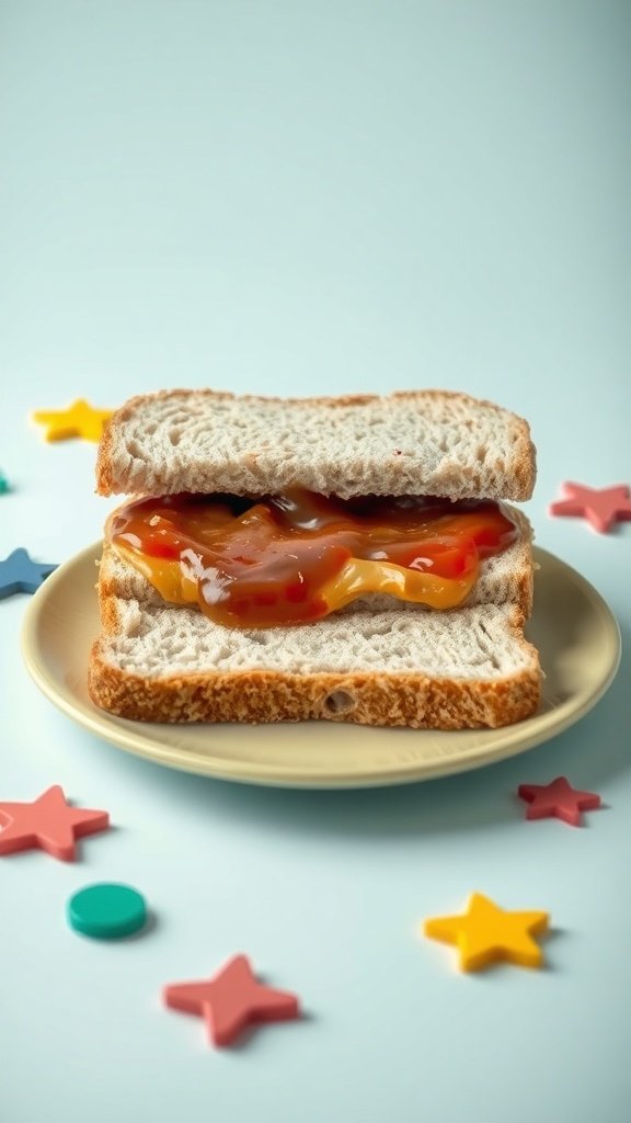 A nut butter and jelly sandwich on a plate with colorful star-shaped candies around it.