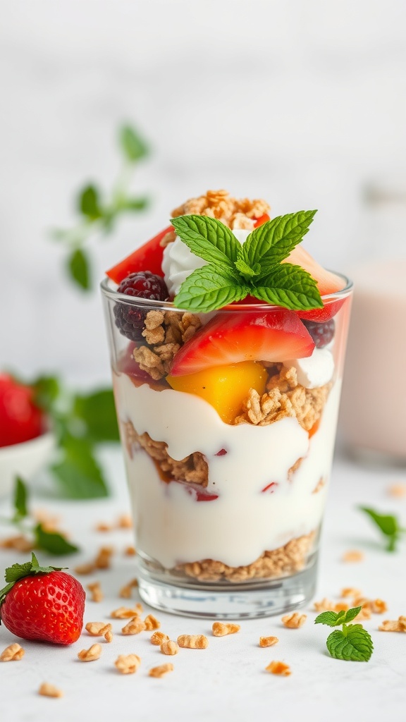 A delicious fruit and yogurt parfait with layers of granola, yogurt, and fresh fruits in a glass, garnished with mint leaves.