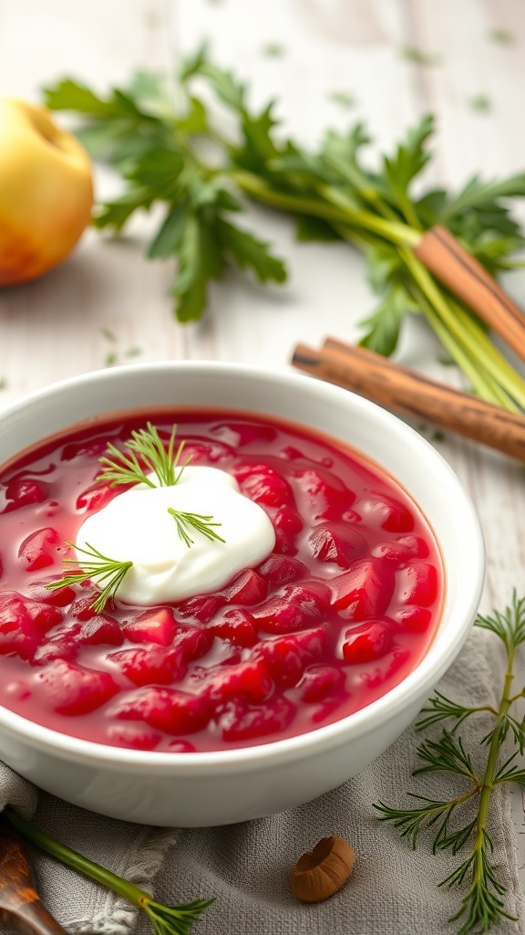 A bowl of Beet and Apple Borscht garnished with sour cream and herbs, surrounded by apples and fresh ingredients.