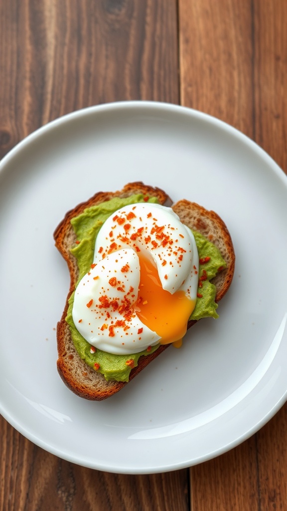 A slice of toasted bread topped with mashed avocado and two poached eggs, garnished with red pepper flakes.