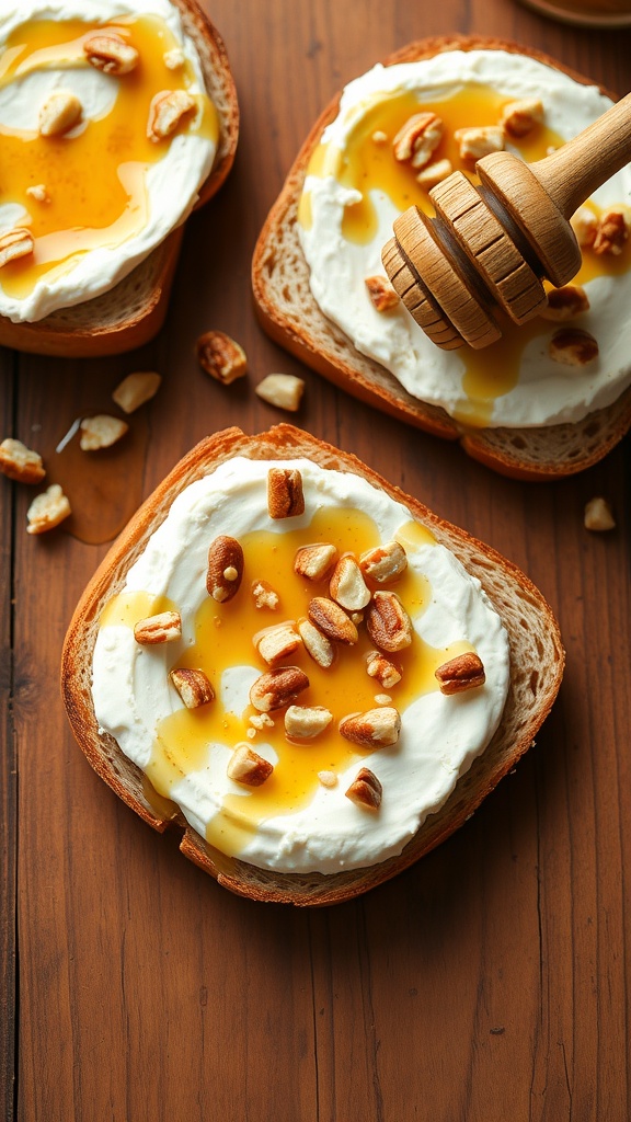 Slices of toasted bread topped with ricotta cheese, honey, and nuts on a wooden surface.