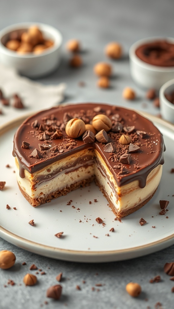 A delicious Nutella no bake cheesecake with a glossy chocolate topping and hazelnuts on a plate.