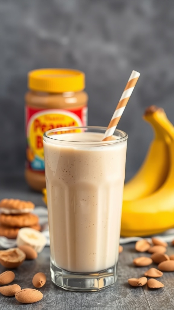 A glass of peanut butter banana smoothie with a straw, surrounded by bananas, peanut butter, and almonds.