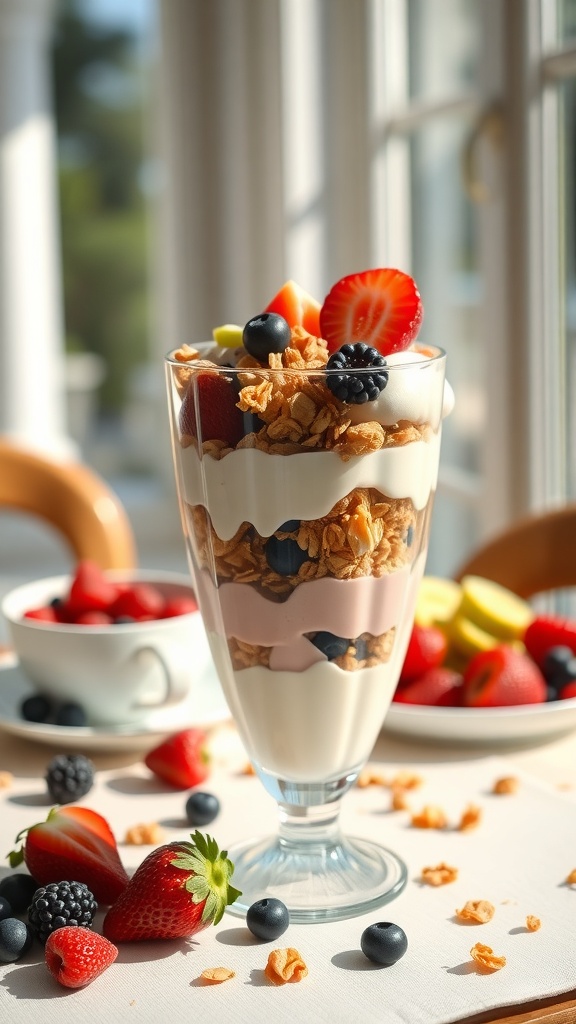 A Greek yogurt parfait layered with granola and fresh fruits, served in a tall glass with more fruits on the side.