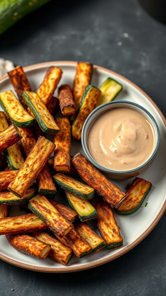 Plate of baked zucchini fries with a bowl of dipping sauce