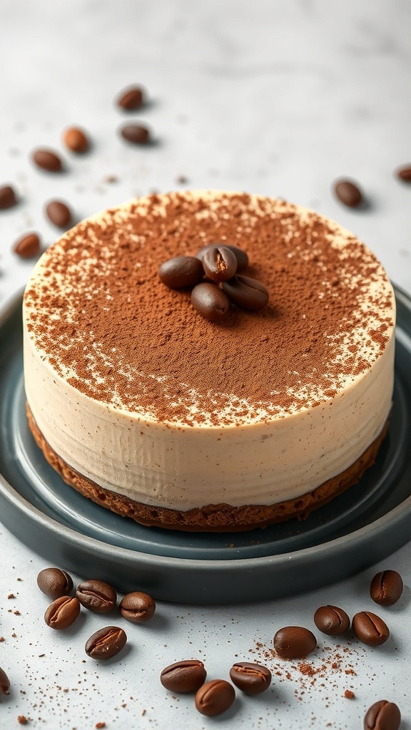 A Tiramisu No Bake Cheesecake topped with cocoa powder and coffee beans.