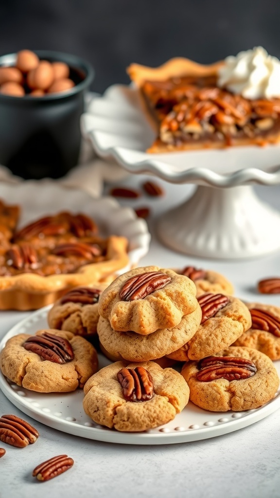 A plate of pecan pie cookies topped with whole pecans, with a pecan pie in the background.