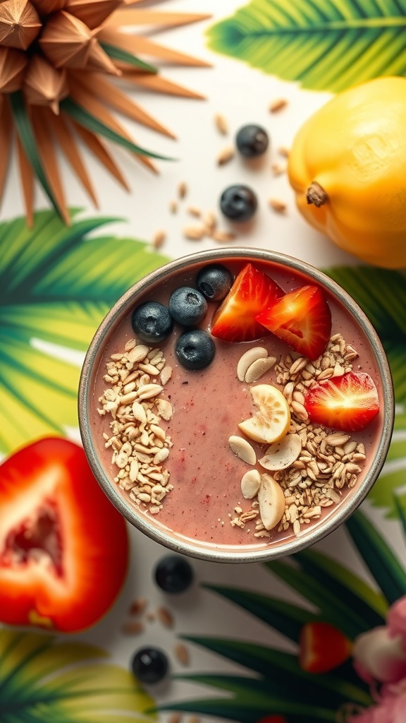 A colorful fruit smoothie bowl topped with strawberries, blueberries, and granola on a tropical leaf background.