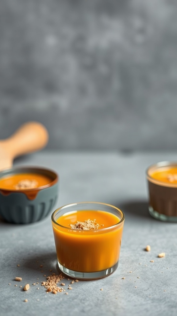 Spiced butternut squash soup shots in small glasses, garnished with spices.