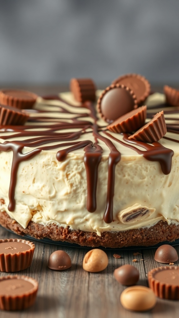 A delicious Peanut Butter Cup No Bake Cheesecake topped with chocolate drizzle and mini peanut butter cups.