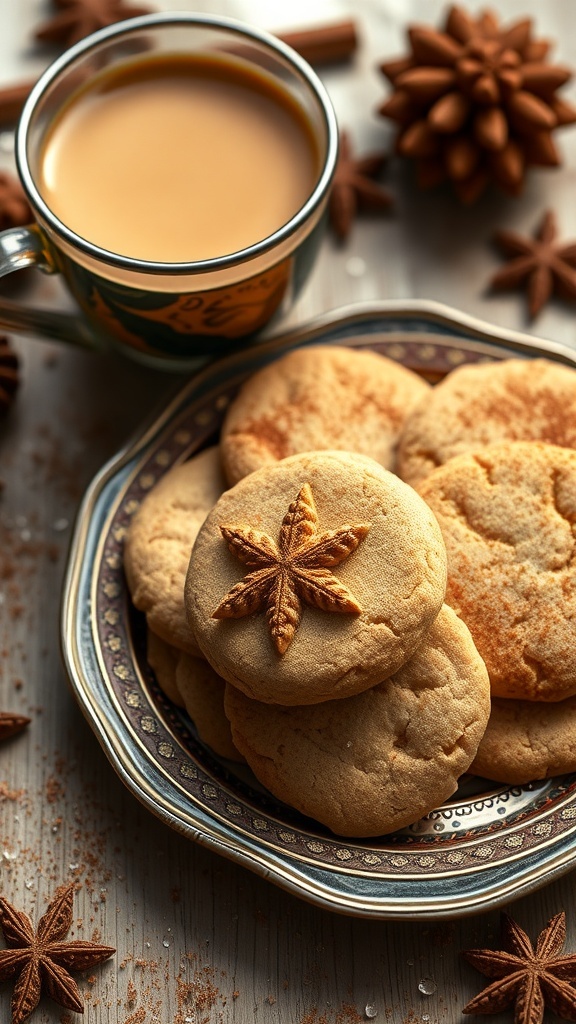 Chai spiced snickerdoodles on a plate with a cup of tea