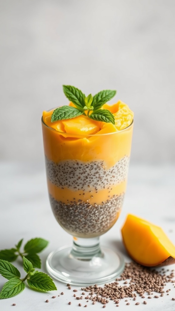 A glass of chia seed pudding layered with mango puree and topped with mint leaves.