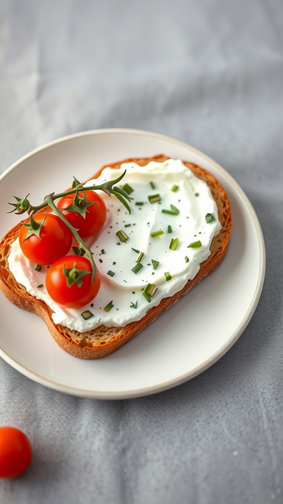 A slice of whole wheat toast topped with herbed ricotta cheese and cherry tomatoes.