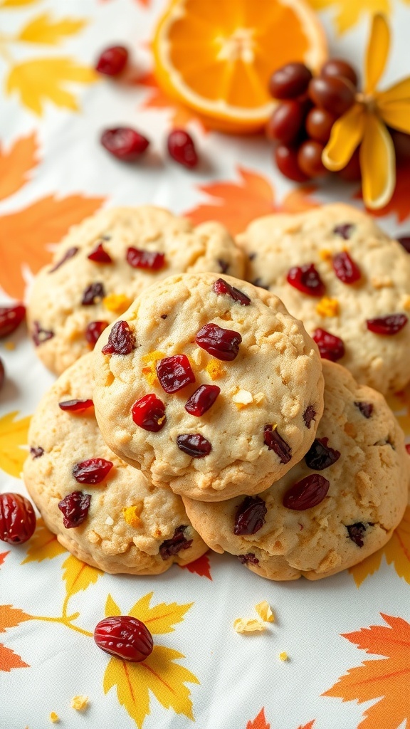 Cranberry Orange Shortbread Cookies with autumn leaves and orange slices