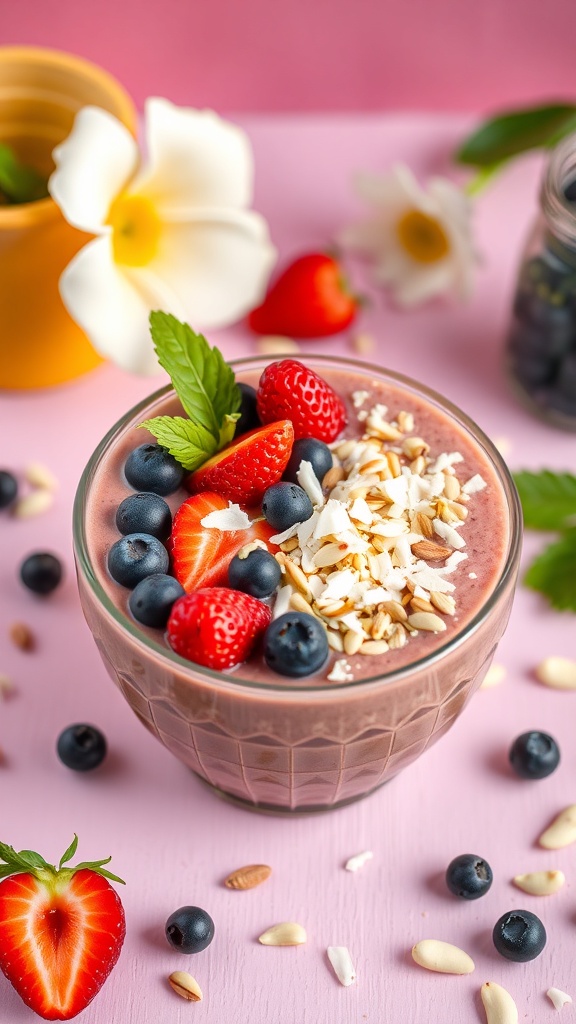 A smoothie bowl topped with strawberries, blueberries, and seeds, set against a pink background.